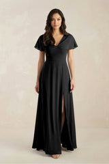 A - Line Short Sleeve Chiffon V - Neck Bridesmaid Dress in Black - KISS BRIDAL Bridesmaid Dresses