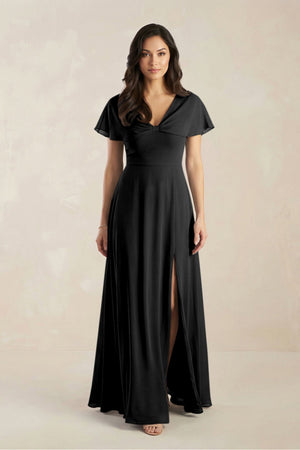 A - Line Short Sleeve Chiffon V - Neck Bridesmaid Dress in Black - SHE IS ME Bridesmaid Dresses
