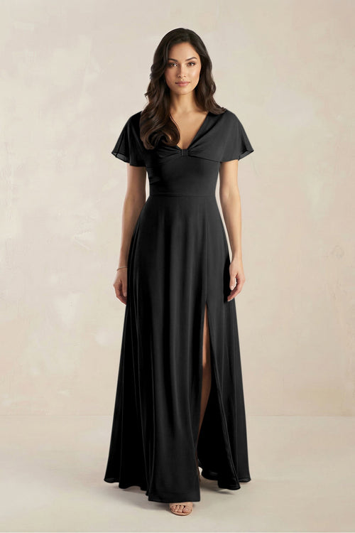 A - Line Short Sleeve Chiffon V - Neck Bridesmaid Dress in Black - SHE IS ME Bridesmaid Dresses