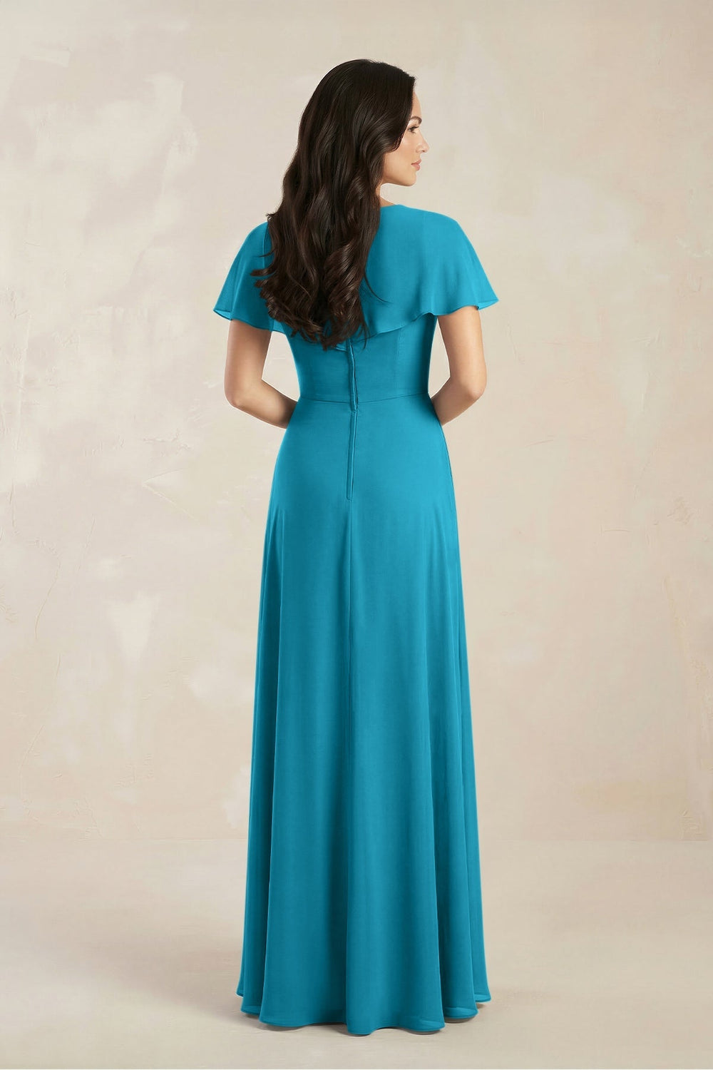 A - Line Short Sleeve Chiffon V - Neck Bridesmaid Dress in Blue Jay - KISS BRIDAL Bridesmaid Dresses