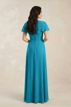 A - Line Short Sleeve Chiffon V - Neck Bridesmaid Dress in Blue Jay - SHE IS ME Bridesmaid Dresses