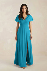 A - Line Short Sleeve Chiffon V - Neck Bridesmaid Dress in Blue Jay - KISS BRIDAL Bridesmaid Dresses