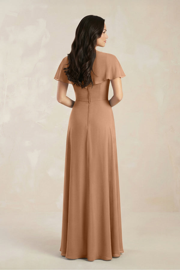 A - Line Short Sleeve Chiffon V - Neck Bridesmaid Dress in Bronzer - SHE IS ME Bridesmaid Dresses