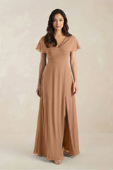 A - Line Short Sleeve Chiffon V - Neck Bridesmaid Dress in Bronzer - KISS BRIDAL Bridesmaid Dresses