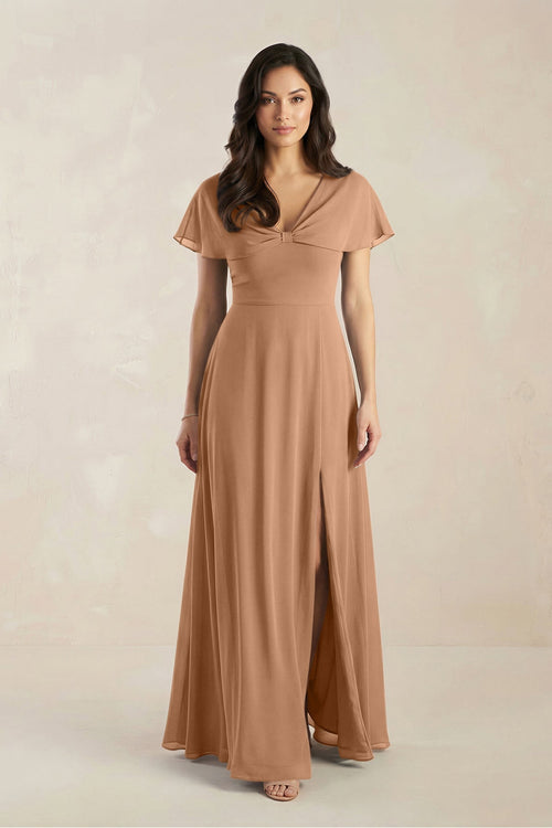 A - Line Short Sleeve Chiffon V - Neck Bridesmaid Dress in Bronzer - SHE IS ME Bridesmaid Dresses