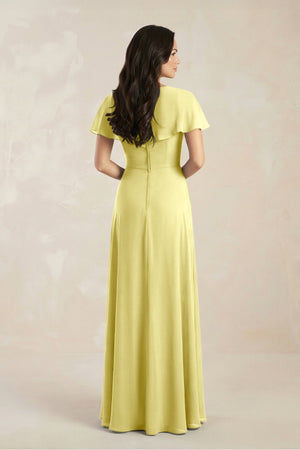 A - Line Short Sleeve Chiffon V - Neck Bridesmaid Dress in Buttercup - SHE IS ME Bridesmaid Dresses