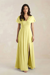 A - Line Short Sleeve Chiffon V - Neck Bridesmaid Dress in Buttercup - KISS BRIDAL Bridesmaid Dresses