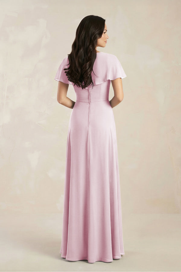 A-Line Short Sleeve Chiffon V-Neck Bridesmaid Dress in Candy Pink (2) | KISSBRIDAL