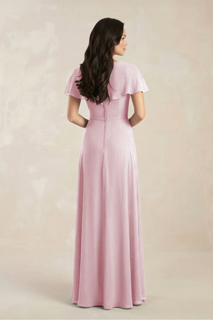 A - Line Short Sleeve Chiffon V - Neck Bridesmaid Dress in Candy Pink - SHE IS ME Bridesmaid Dresses