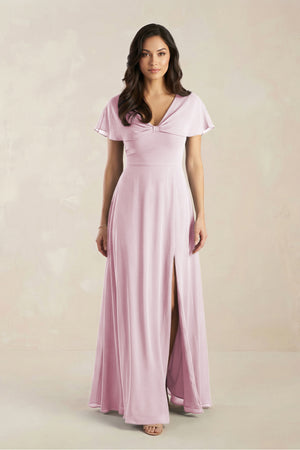 A-Line Short Sleeve Chiffon V-Neck Bridesmaid Dress in Candy Pink | KISSBRIDAL