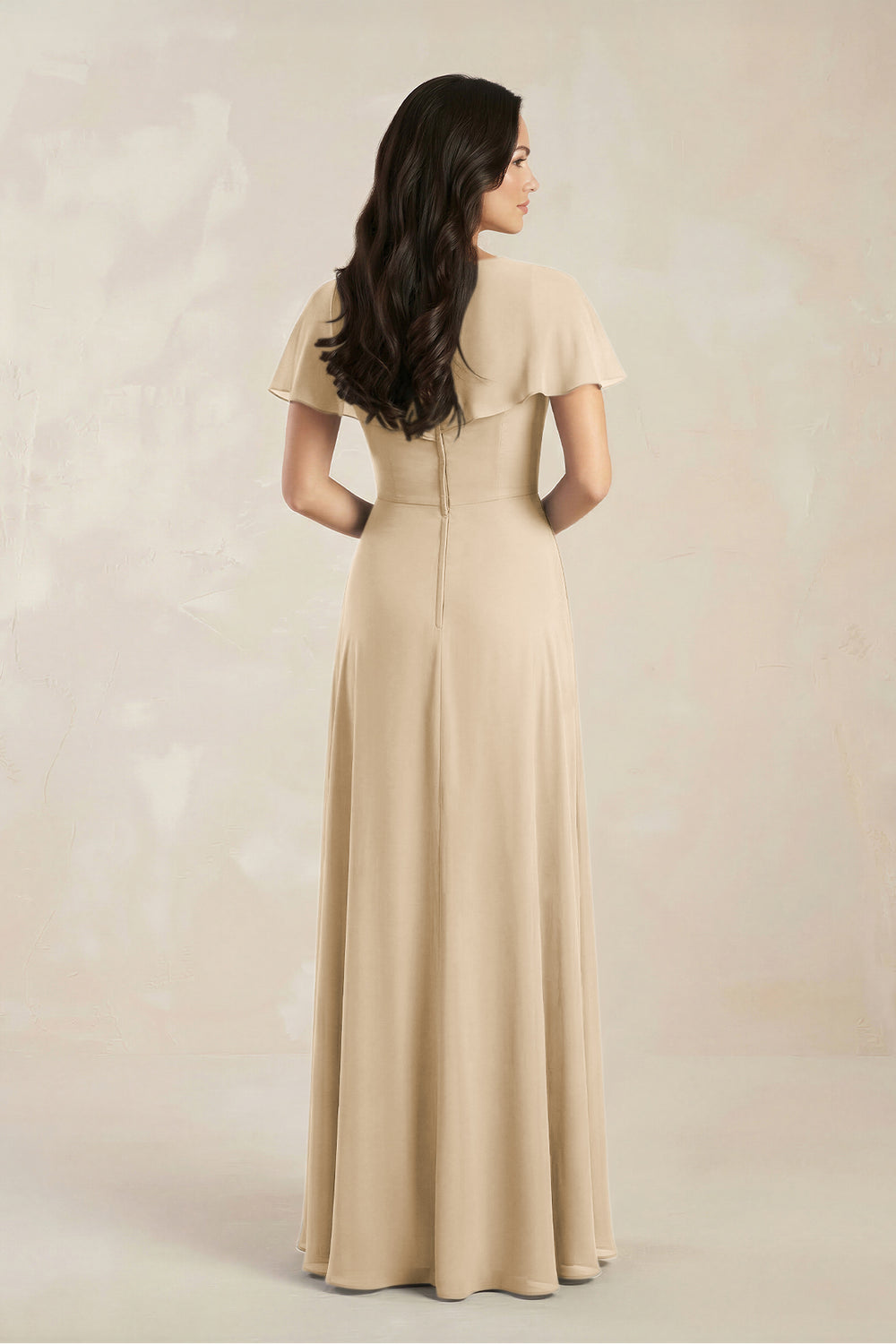 A-Line Short Sleeve Chiffon V-Neck Bridesmaid Dress in Champagne