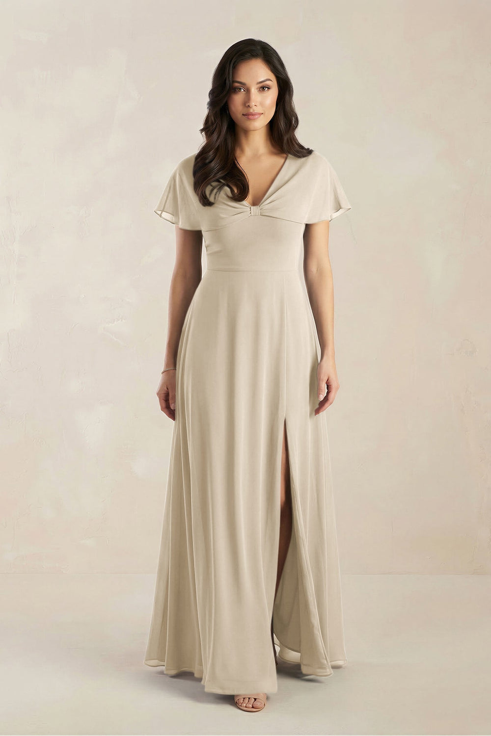 A - Line Short Sleeve Chiffon V - Neck Bridesmaid Dress in Champagne - KISS BRIDAL Bridesmaid Dresses