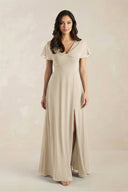 A - Line Short Sleeve Chiffon V - Neck Bridesmaid Dress in Champagne - SHE IS ME Bridesmaid Dresses