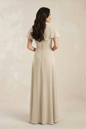 A - Line Short Sleeve Chiffon V - Neck Bridesmaid Dress in Champagne - SHE IS ME Bridesmaid Dresses