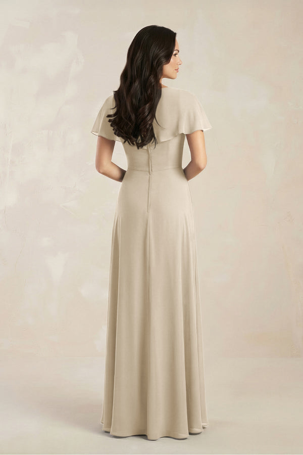 A - Line Short Sleeve Chiffon V - Neck Bridesmaid Dress in Champagne - SHE IS ME Bridesmaid Dresses