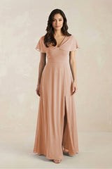 A - Line Short Sleeve Chiffon V - Neck Bridesmaid Dress in Champagne Rose - KISS BRIDAL Bridesmaid Dresses