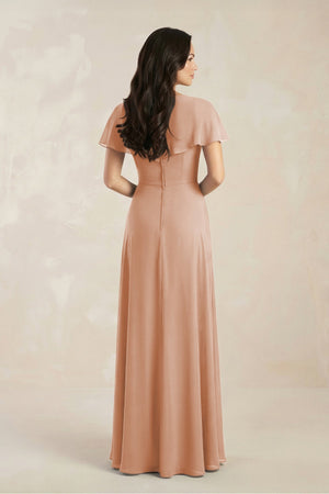 A - Line Short Sleeve Chiffon V - Neck Bridesmaid Dress in Champagne Rose - SHE IS ME Bridesmaid Dresses
