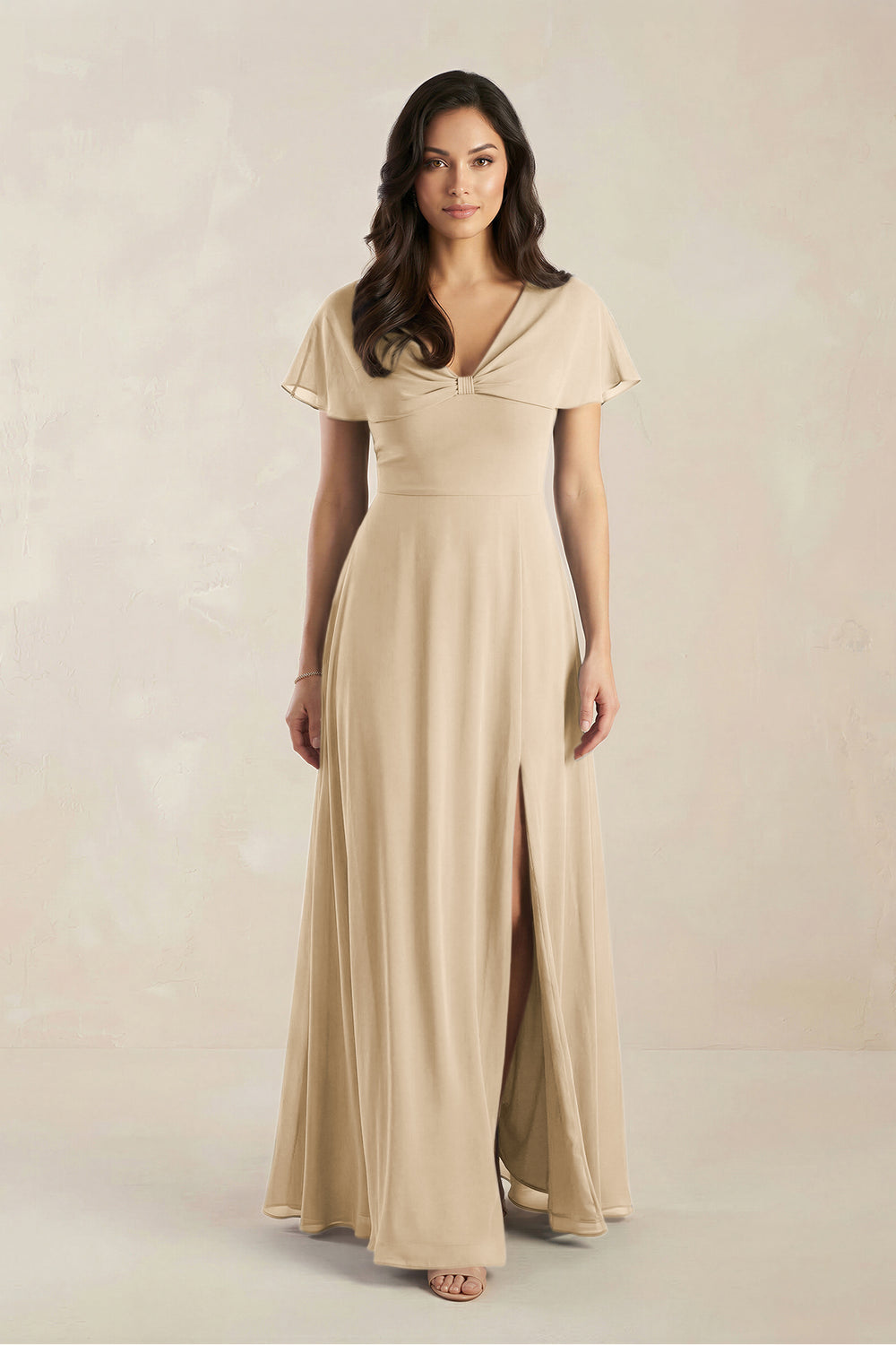 A-Line Short Sleeve Chiffon V-Neck Bridesmaid Dress in Champagne