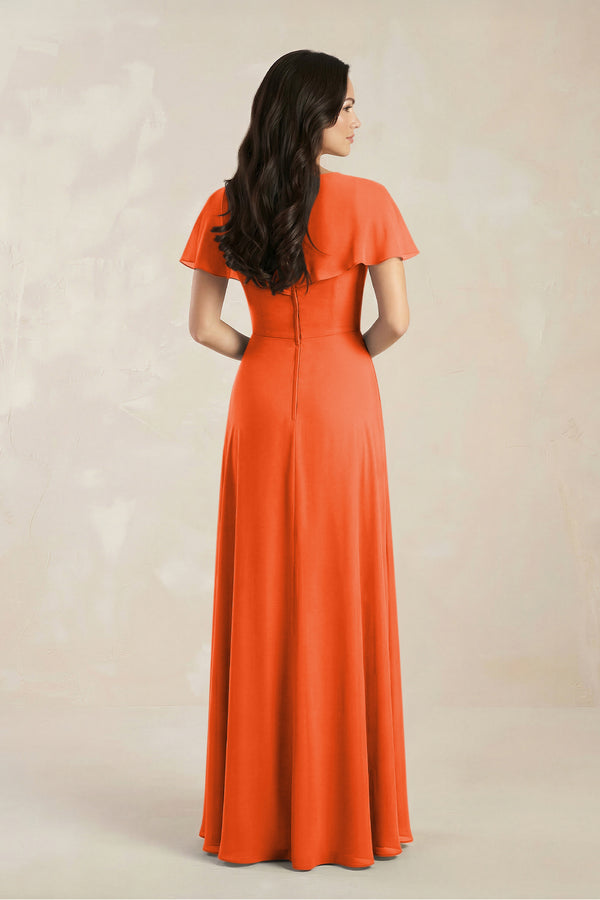 A-Line Short Sleeve Chiffon V-Neck Bridesmaid Dress in Cinnamon (2) | KISSBRIDAL