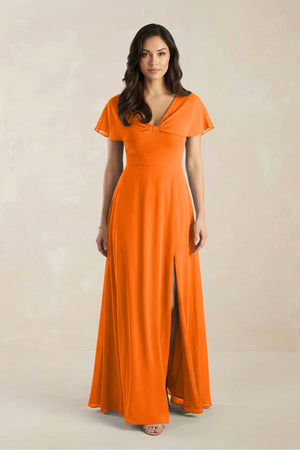 A - Line Short Sleeve Chiffon V - Neck Bridesmaid Dress in Cinnamon - SHE IS ME Bridesmaid Dresses