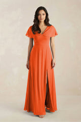 A-Line Short Sleeve Chiffon V-Neck Bridesmaid Dress in Cinnamon | KISSBRIDAL