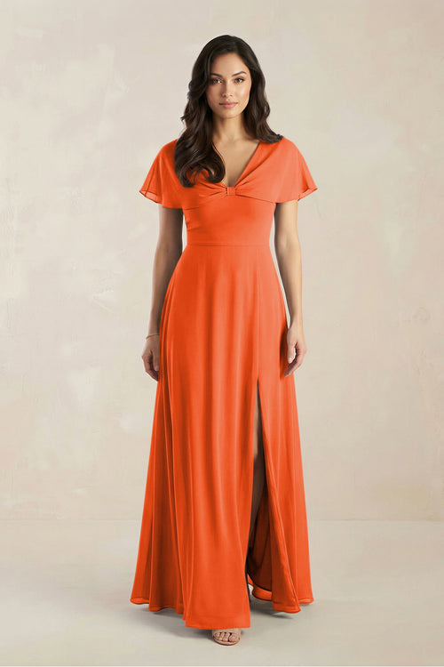 A-Line Short Sleeve Chiffon V-Neck Bridesmaid Dress in Cinnamon | KISSBRIDAL