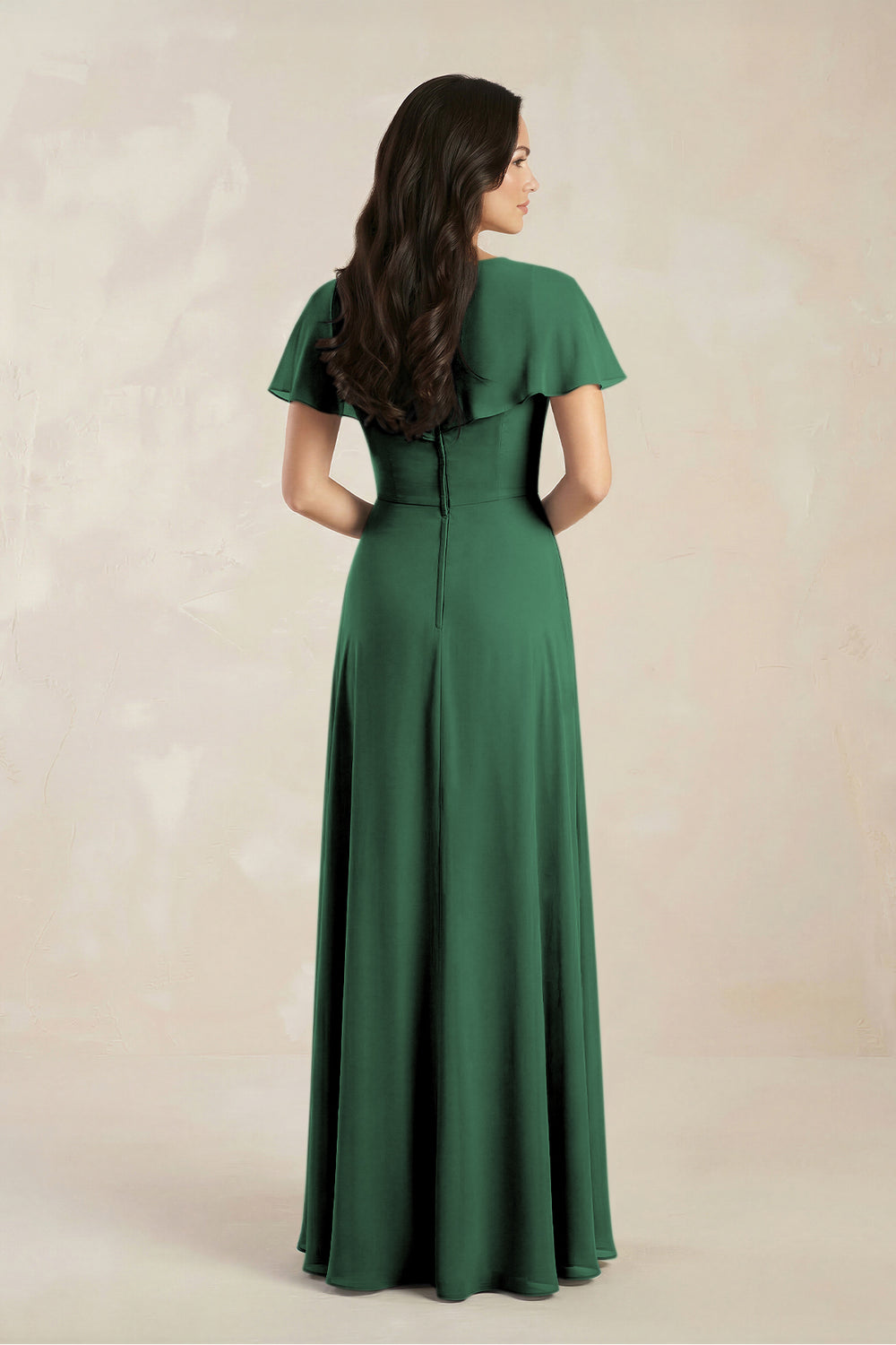 A-Line Short Sleeve Chiffon V-Neck Bridesmaid Dress in Dark Green