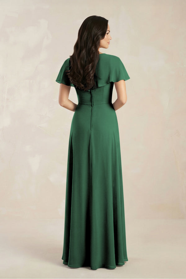 A-Line Short Sleeve Chiffon V-Neck Bridesmaid Dress in Dark Green (2) | KISSBRIDAL