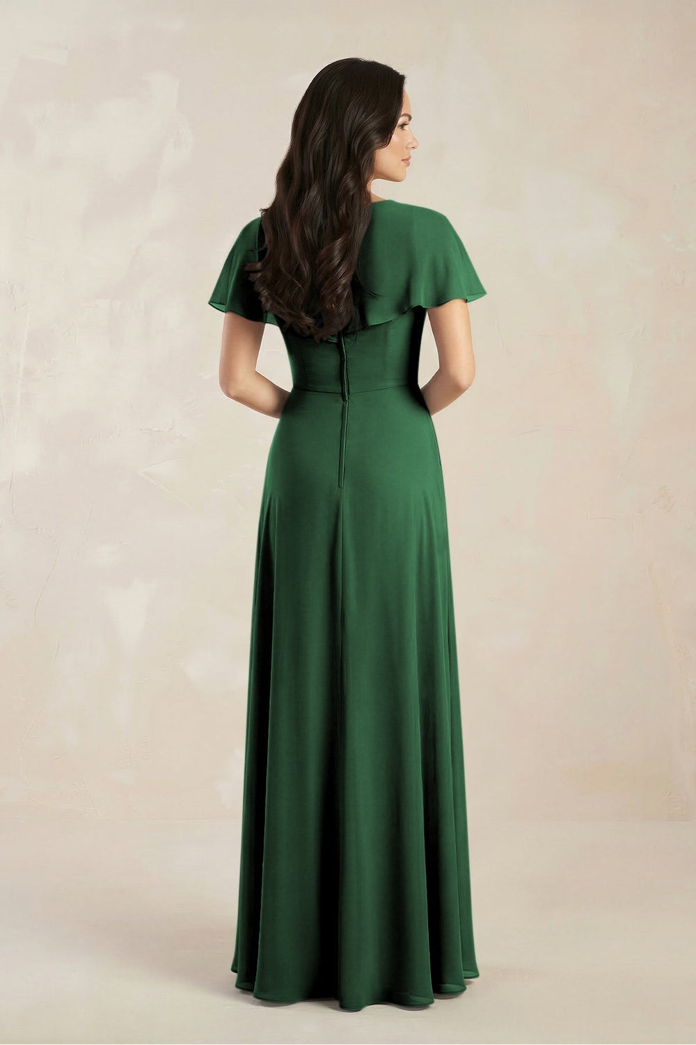 A - Line Short Sleeve Chiffon V - Neck Bridesmaid Dress in Dark Green - KISS BRIDAL Bridesmaid Dresses