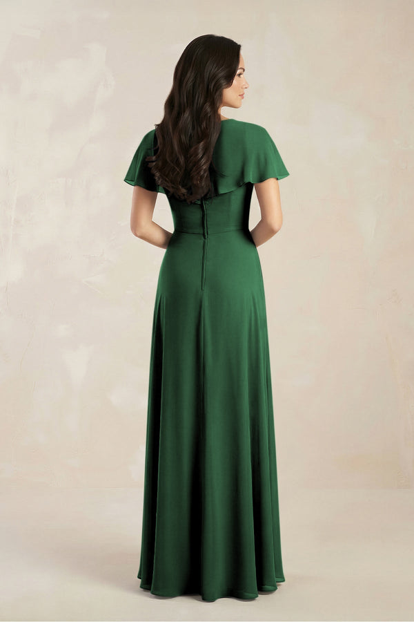 A - Line Short Sleeve Chiffon V - Neck Bridesmaid Dress in Dark Green - SHE IS ME Bridesmaid Dresses