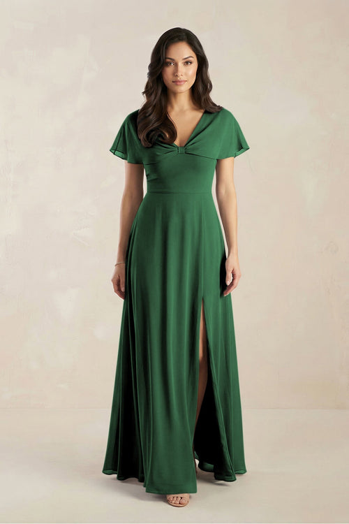 A - Line Short Sleeve Chiffon V - Neck Bridesmaid Dress in Dark Green - SHE IS ME Bridesmaid Dresses