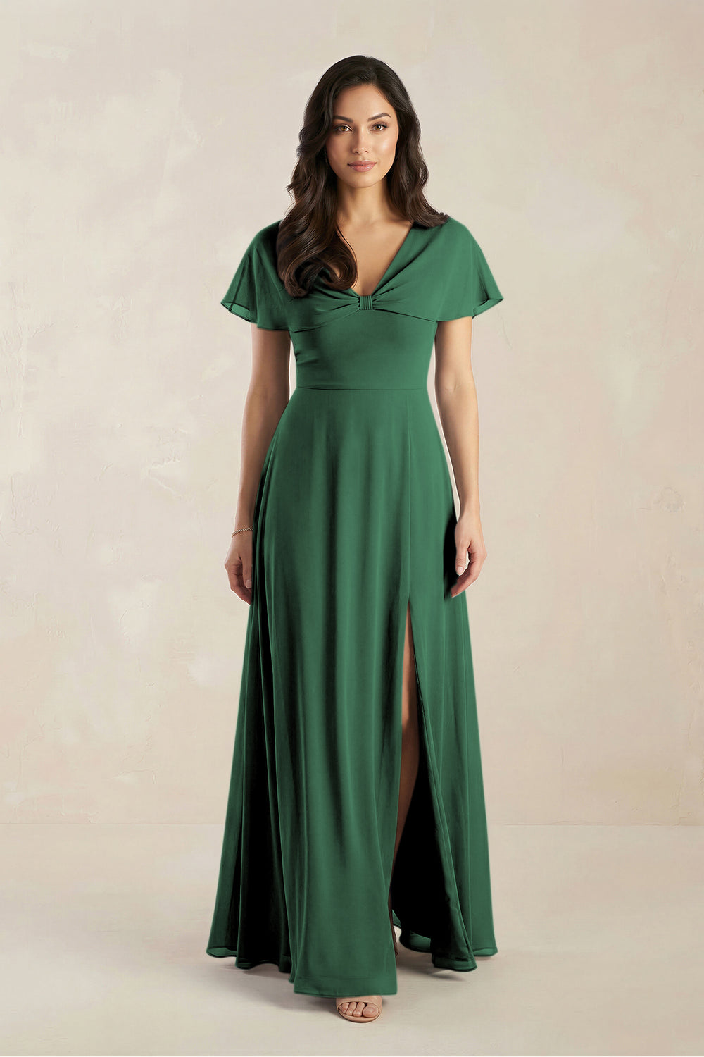 A-Line Short Sleeve Chiffon V-Neck Bridesmaid Dress in Dark Green