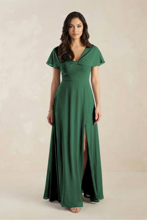 A-Line Short Sleeve Chiffon V-Neck Bridesmaid Dress in Dark Green | KISSBRIDAL