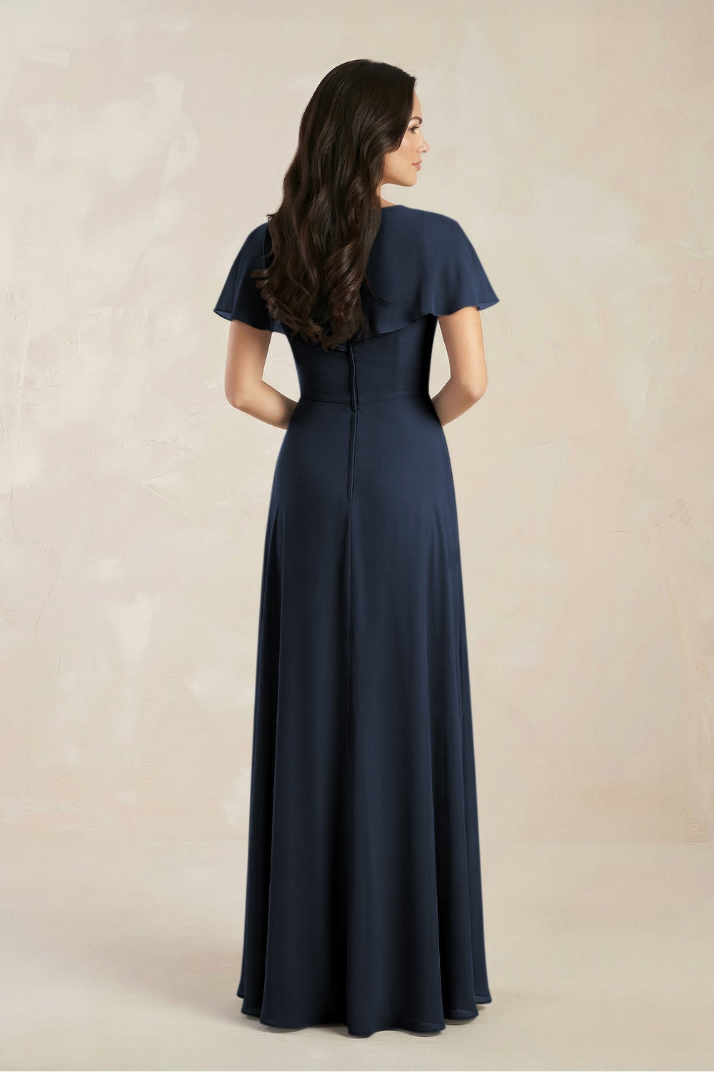 A - Line Short Sleeve Chiffon V - Neck Bridesmaid Dress in Dark Navy - KISS BRIDAL Bridesmaid Dresses