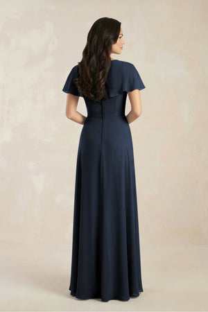 A - Line Short Sleeve Chiffon V - Neck Bridesmaid Dress in Dark Navy - SHE IS ME Bridesmaid Dresses