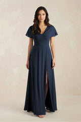 A - Line Short Sleeve Chiffon V - Neck Bridesmaid Dress in Dark Navy - KISS BRIDAL Bridesmaid Dresses
