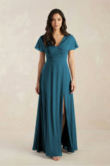 A - Line Short Sleeve Chiffon V - Neck Bridesmaid Dress in Dark Teal - KISS BRIDAL Bridesmaid Dresses