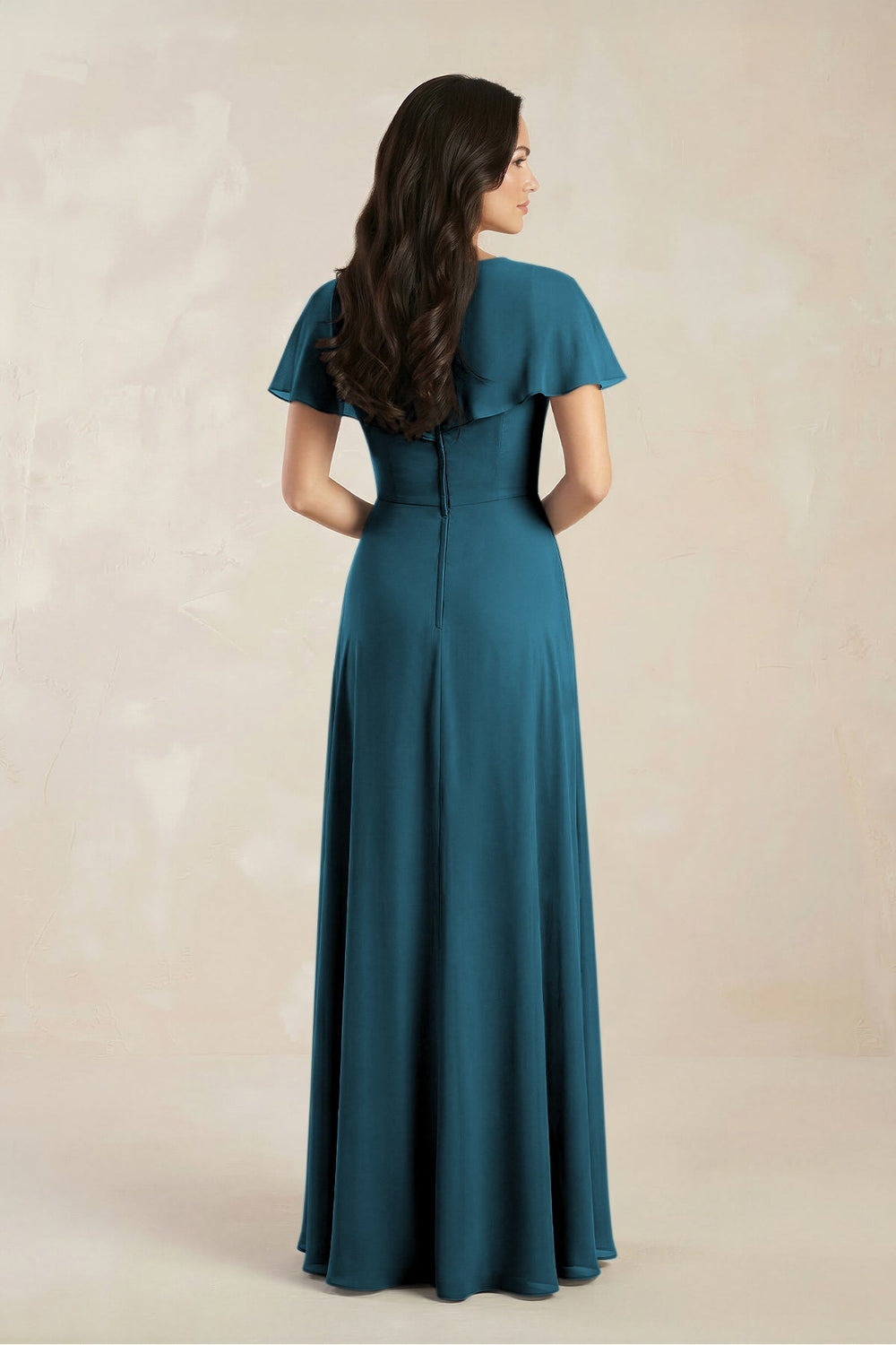 A - Line Short Sleeve Chiffon V - Neck Bridesmaid Dress in Dark Teal - KISS BRIDAL Bridesmaid Dresses