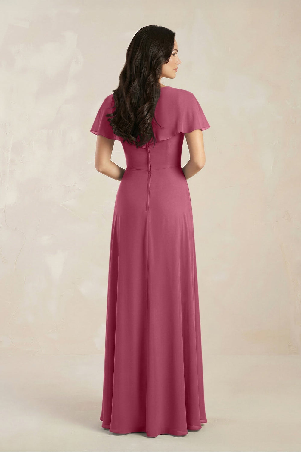 A - Line Short Sleeve Chiffon V - Neck Bridesmaid Dress in Desert Rose - KISS BRIDAL Bridesmaid Dresses