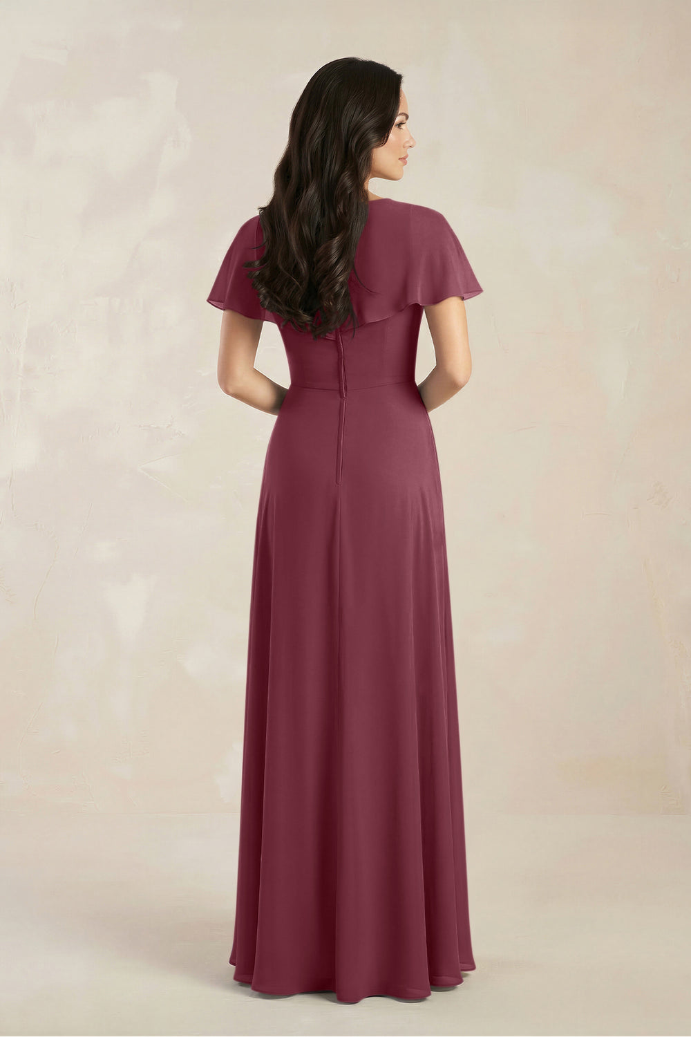 A-Line Short Sleeve Chiffon V-Neck Bridesmaid Dress in Desert Rose