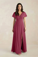 A - Line Short Sleeve Chiffon V - Neck Bridesmaid Dress in Desert Rose - SHE IS ME Bridesmaid Dresses