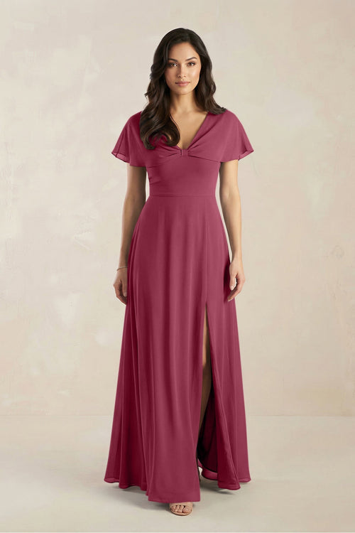 A - Line Short Sleeve Chiffon V - Neck Bridesmaid Dress in Desert Rose - SHE IS ME Bridesmaid Dresses