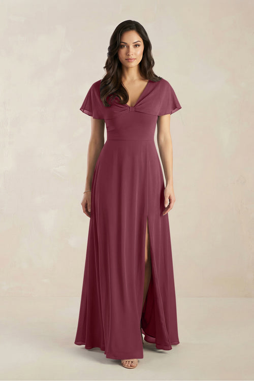 A-Line Short Sleeve Chiffon V-Neck Bridesmaid Dress in Desert Rose | KISSBRIDAL