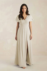 A - Line Short Sleeve Chiffon V - Neck Bridesmaid Dress in Dove Gray - KISS BRIDAL Bridesmaid Dresses