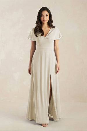 A - Line Short Sleeve Chiffon V - Neck Bridesmaid Dress in Dove Gray - SHE IS ME Bridesmaid Dresses