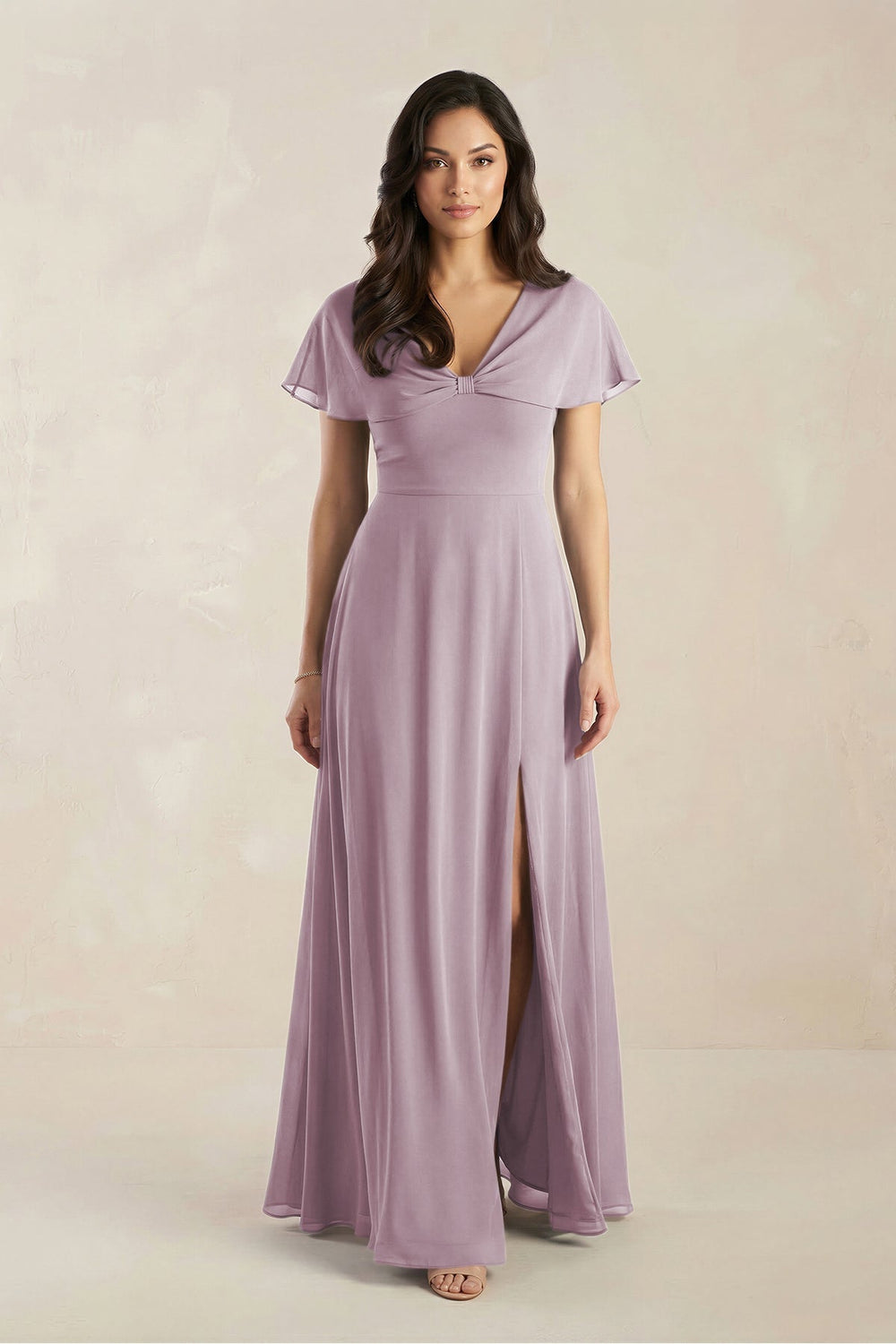 A - Line Short Sleeve Chiffon V - Neck Bridesmaid Dress in Dusk - KISS BRIDAL Bridesmaid Dresses