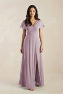 A - Line Short Sleeve Chiffon V - Neck Bridesmaid Dress in Dusk - SHE IS ME Bridesmaid Dresses