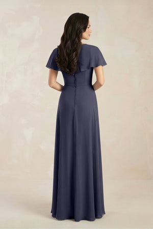 A - Line Short Sleeve Chiffon V - Neck Bridesmaid Dress in Dusk Blue - SHE IS ME Bridesmaid Dresses