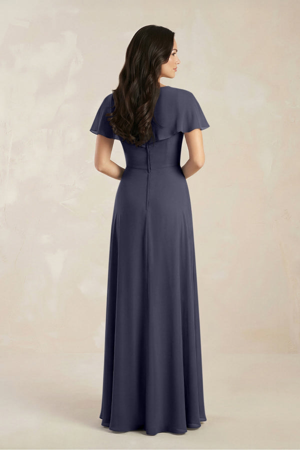 A - Line Short Sleeve Chiffon V - Neck Bridesmaid Dress in Dusk Blue - SHE IS ME Bridesmaid Dresses