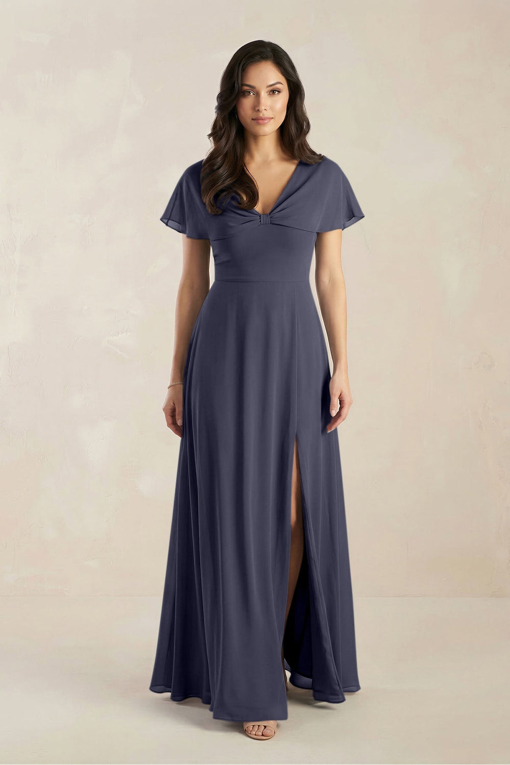A - Line Short Sleeve Chiffon V - Neck Bridesmaid Dress in Dusk Blue - KISS BRIDAL Bridesmaid Dresses